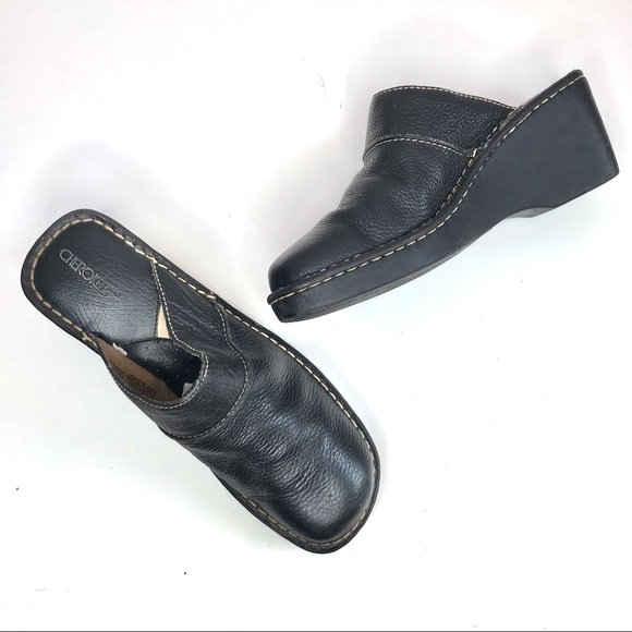CHEROKEE Genuine Leather Size 9.5 Black Chunky Wedge Block Heel Clog Mules - Picture 5 of 15